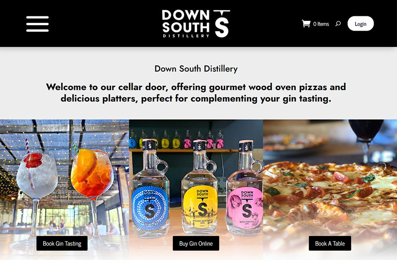 Down South Distillery website showing its cellar door, gin tasting and food