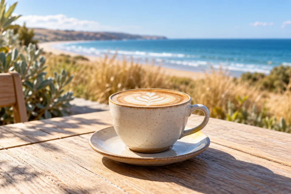 Coffee overlooking a coastal beach, representing Aldinga’s local businesses