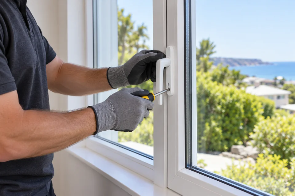 Double-glazing installer working on a modern window, representing Christies Beach specialist businesses
