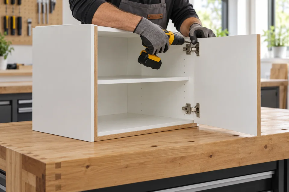Contemporary kitchen cabinet assembly in a modern workshop, representing Edwardstown businesses