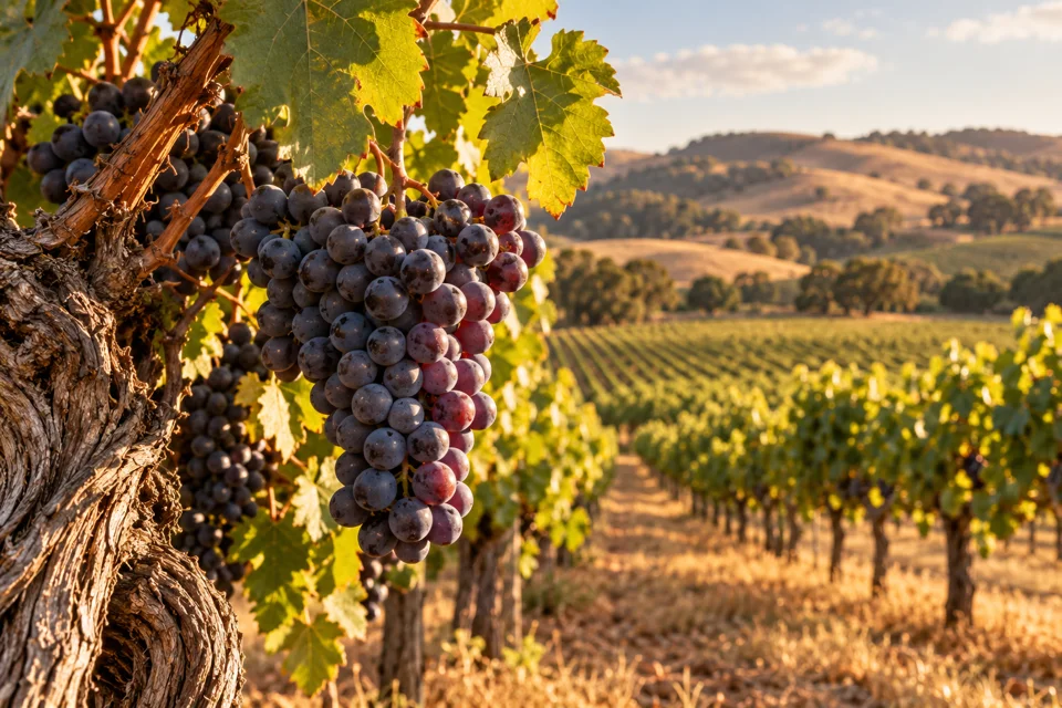 Wine grapes and vineyard rows, representing McLaren Vale businesses