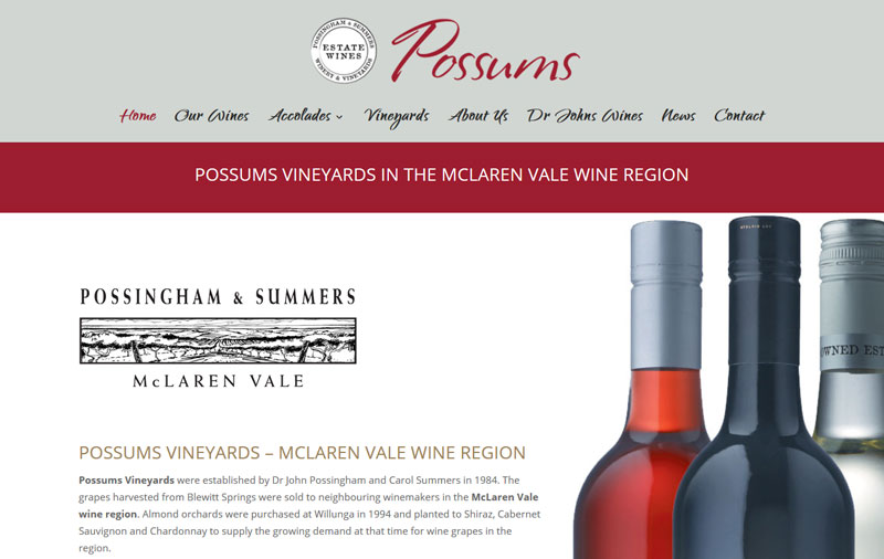 Website for Possums Vineyards, Possums Wines in McLaren Vale