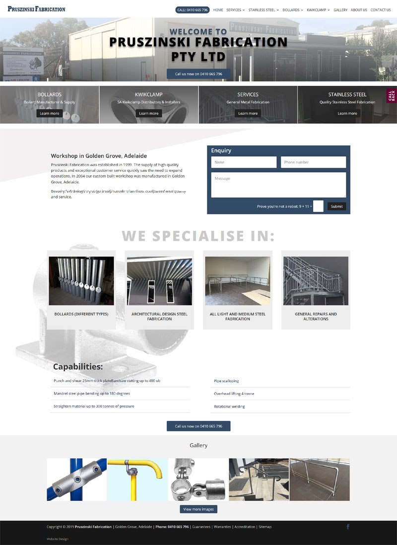 website design for pruszinski fabrication in Adelaide