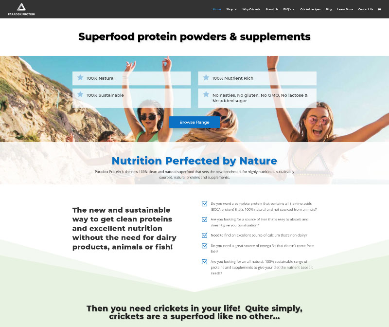 Website Shop for Paradox Protein, cricket-based supplements in the USA and UK