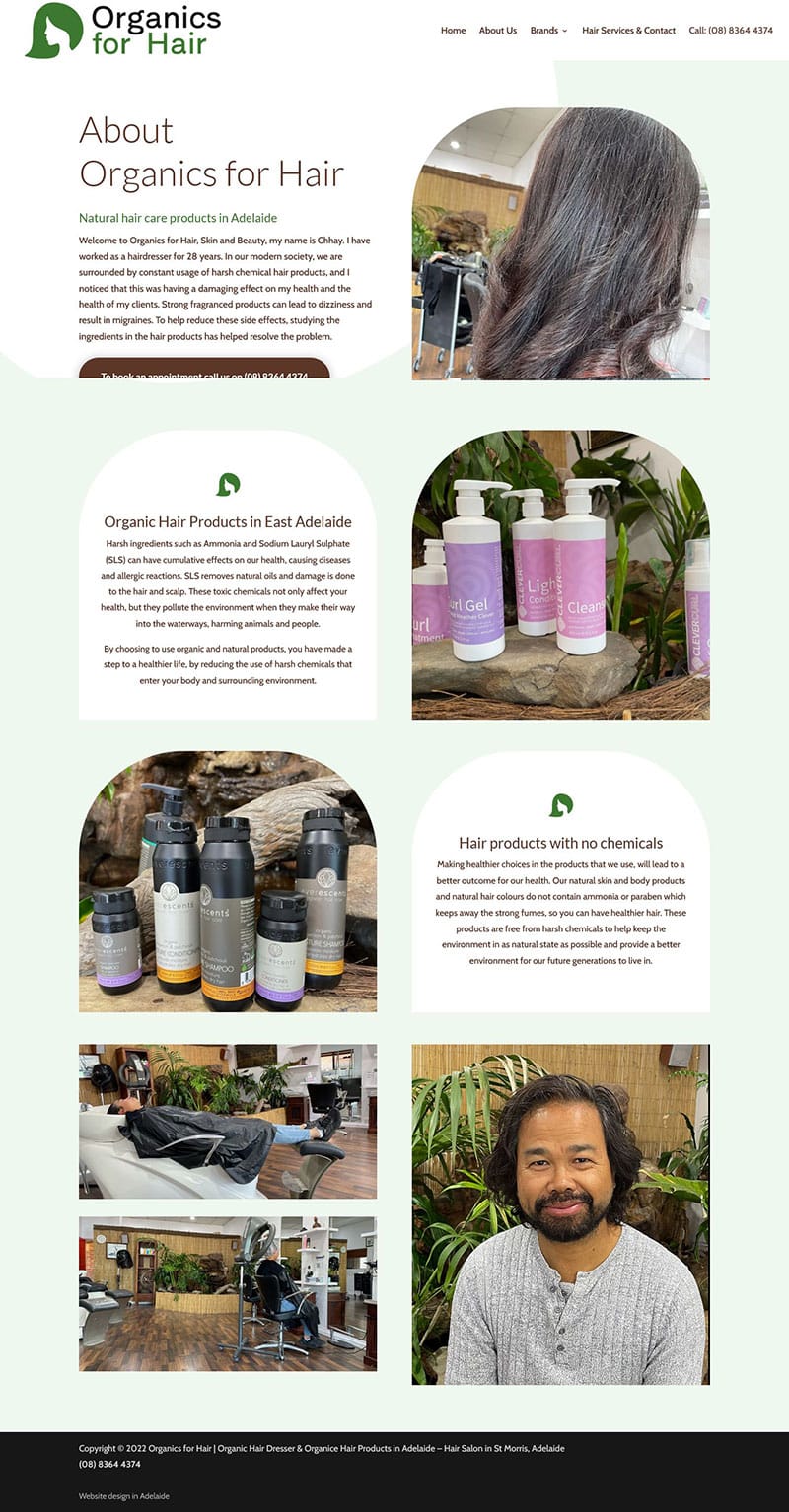 website design for hairdresser in adelaide organic products