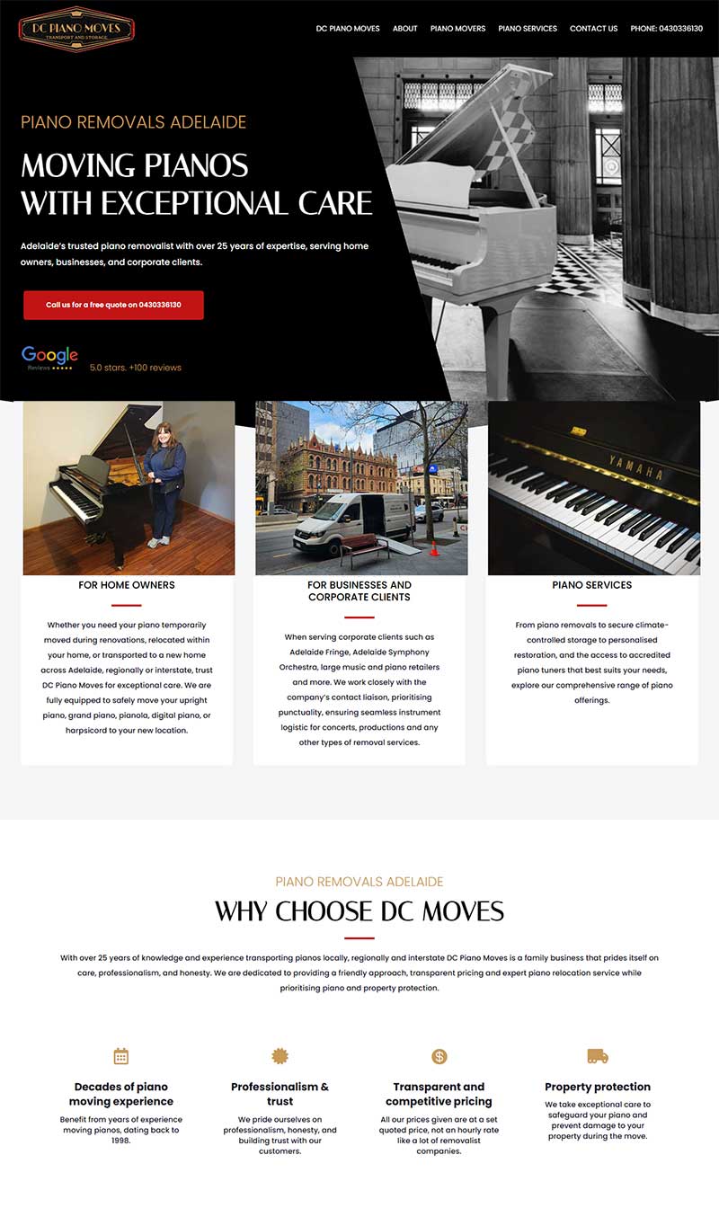 web design services for piano moving business adelaide